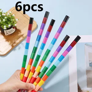 6pcs Building Block Crayons, 12 Colors Multi-Section, Student Art Drawing Crayons, Plastic Colorful Crayons for Kids, Student Painting Supplies