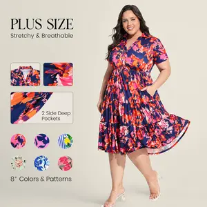 CARCOS Dresses for Women Summer Midi Women Boho Shirt Dresses Short Sleeve Collared V Neck Loose Fit Sun Dresses with Pocket Floral/Glitter/Striped (XL-5XL) Womenswear