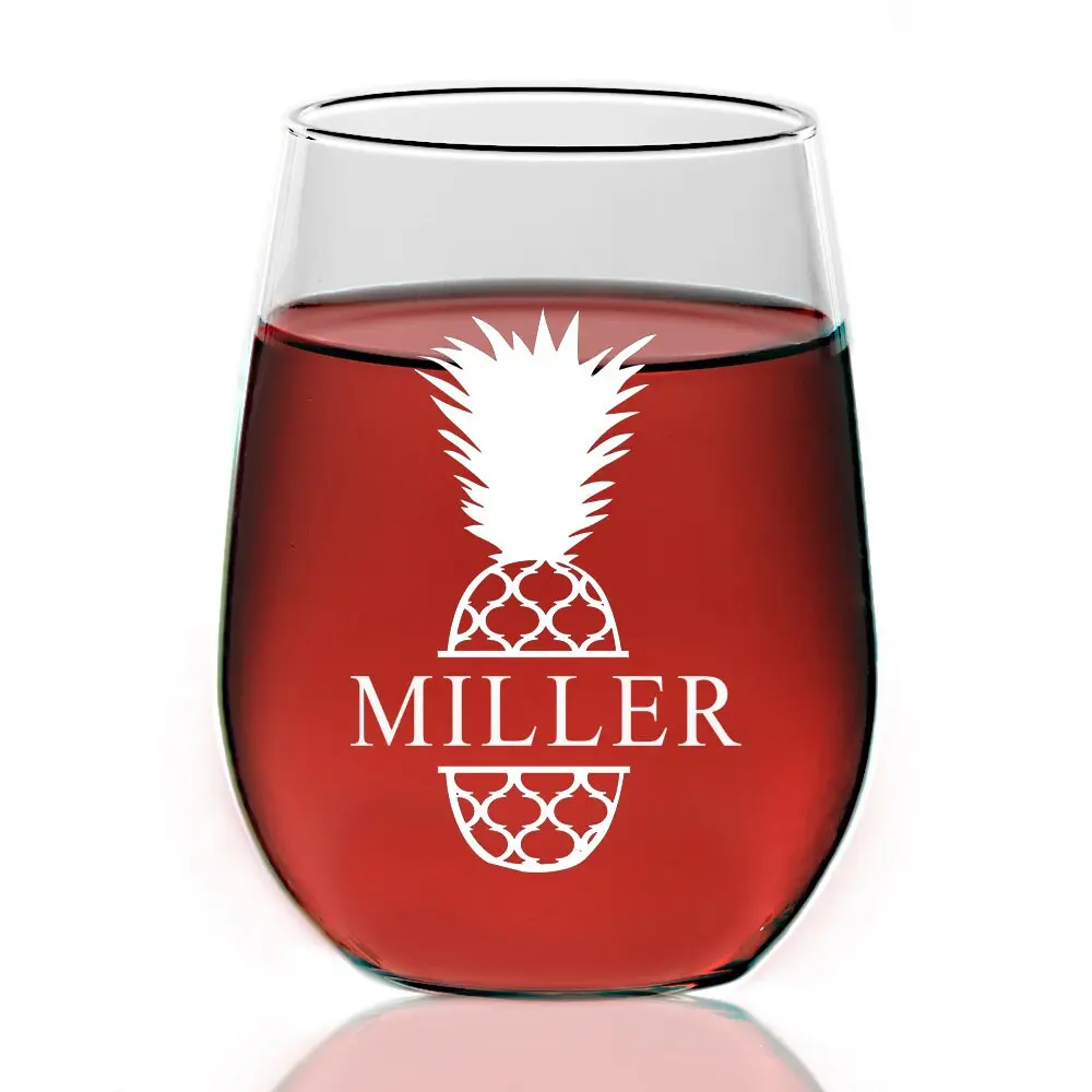Personalized Stemless Wine Glass, Pineapple Wine Glass, Split Monogram Wine glass, Custom wine glass Christmas Gift,Engraved Wine Glass