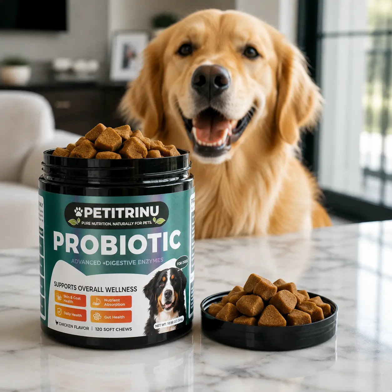 Dog Chicken Flavor Chewable Probiotics, 90-Count Nutrition Supplement, Supports Gut Health, Enhances Digestion & Immunity, High-Quality Ingredients overgrowth gprobiotic tick coat health blend