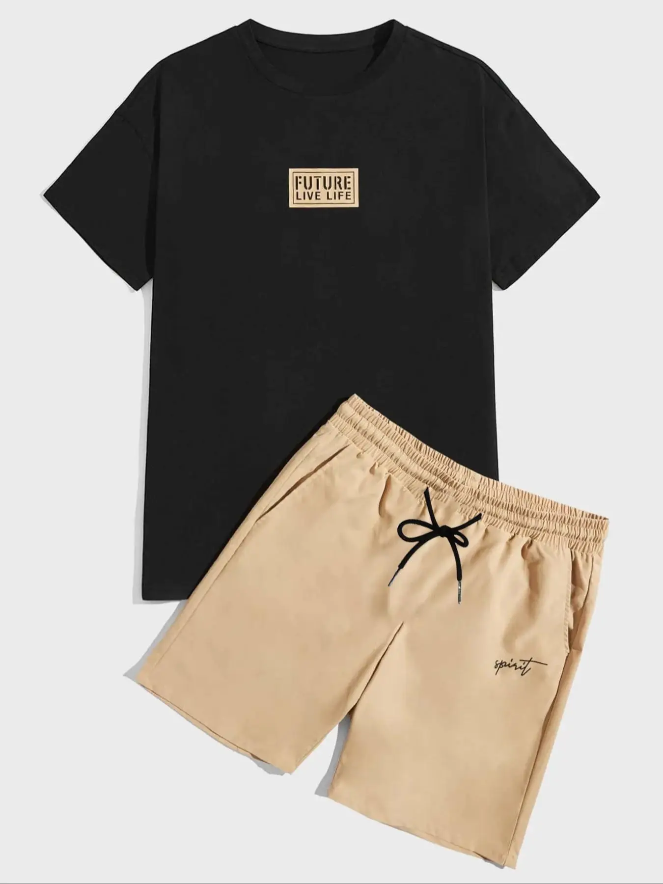 Men's Letter Graphic Short Sleeve Tee & Drawstring Waist Shorts Set, Casual Fashion Regular Fit Round Neck T-Shirt & Track Shorts, Men Two-Piece Outfi