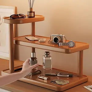 Solid Wood Multi Tier Desktop Display Shelf Modern Light Brown Freestanding Storage Rack No Assembly Needed Space Saving for Bathroom Kitchen Bedroom Vanity Retail Display Stand