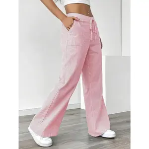 Slant Pockets Wide Leg Pants, Casual Striped Print Loose Drawstring Waist Pants For Spring & Summer, Women's Clothing