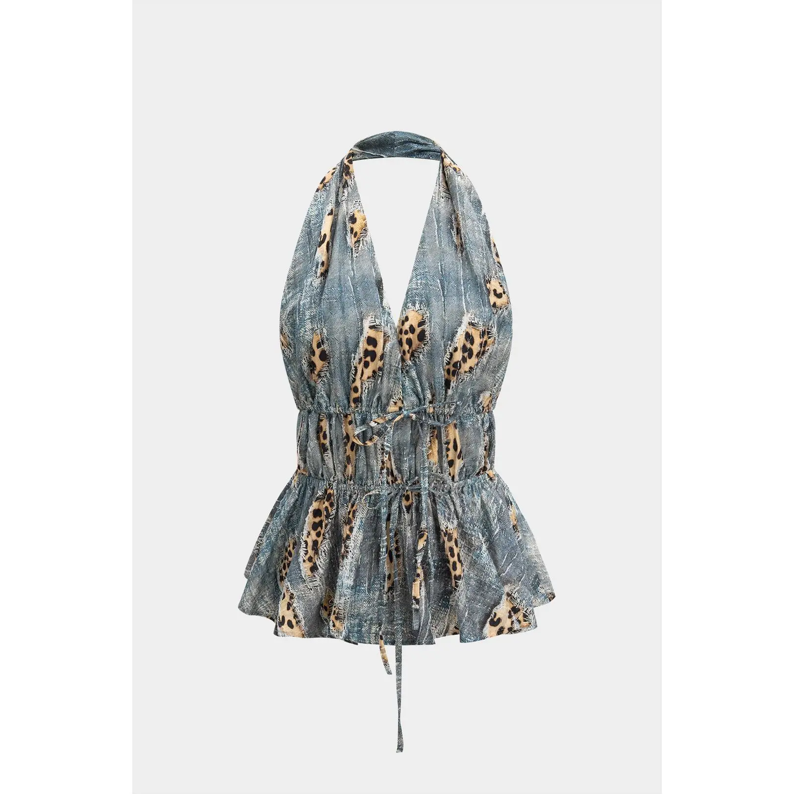 Women's Fitted Polyester Retro Leopard Print Backless Tie-Up Ruched Drawstring Cami Top, Women's Tops