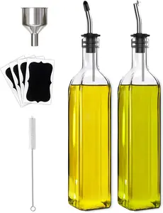 Olive Oil Dispenser Bottle, 2 Pcs Glass Olive Oil Dispenser and Vinegar Dispenser Set with 2 Stainless Steel Pourers, 4 Labels,1 Brush and 1 Funnel Oil Bottles for Kitchen (500Ml) Leaflai