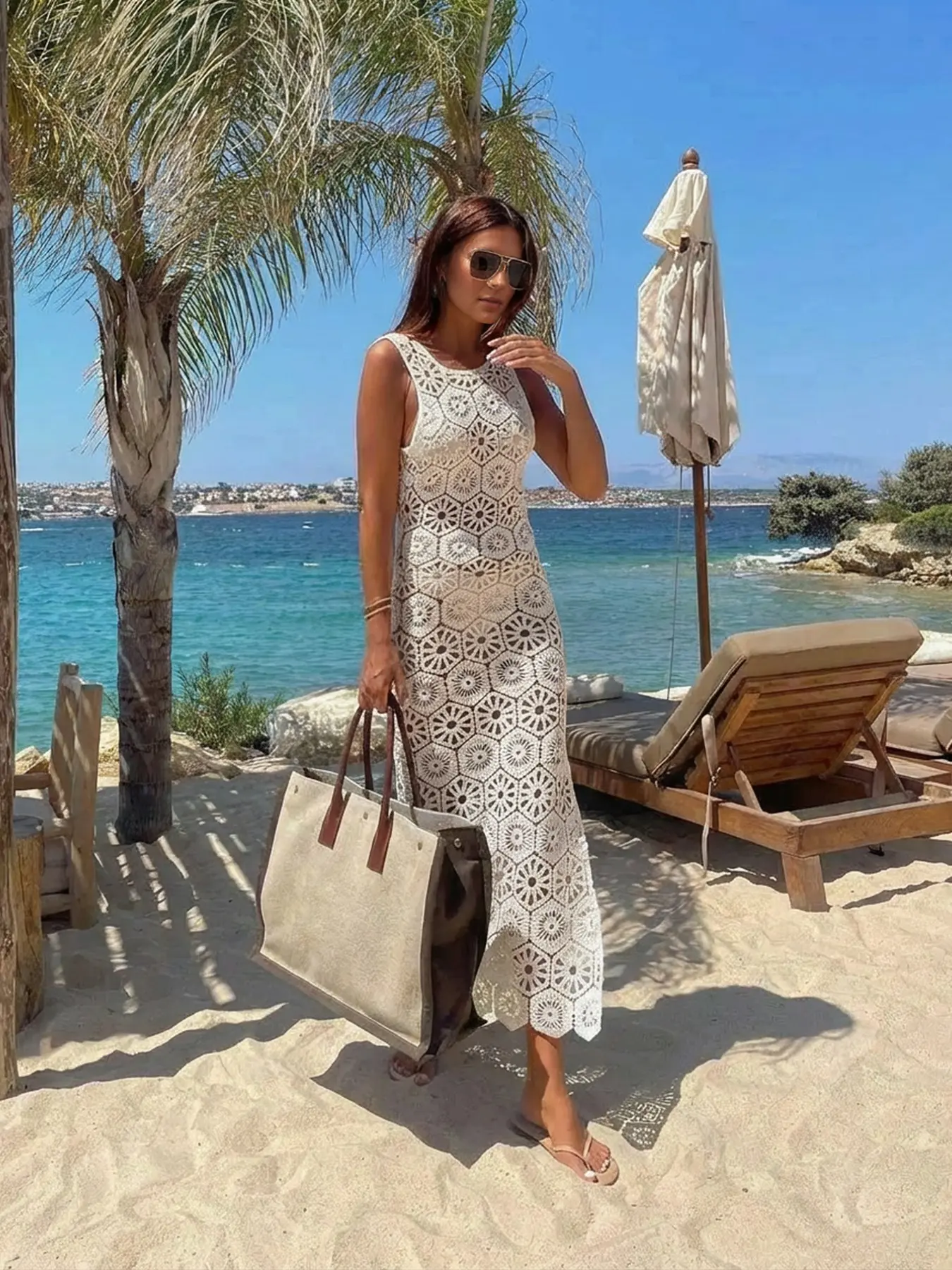 Women's Summer Crochet Dress, Bohemian Style Boho Style Dresses, Sleeveless Midi Dress in Vacation Style, Lightweight and Breathable with Delicate Floral Pattern, Perfect for Beach Vacations, Parties, Summer Dates
