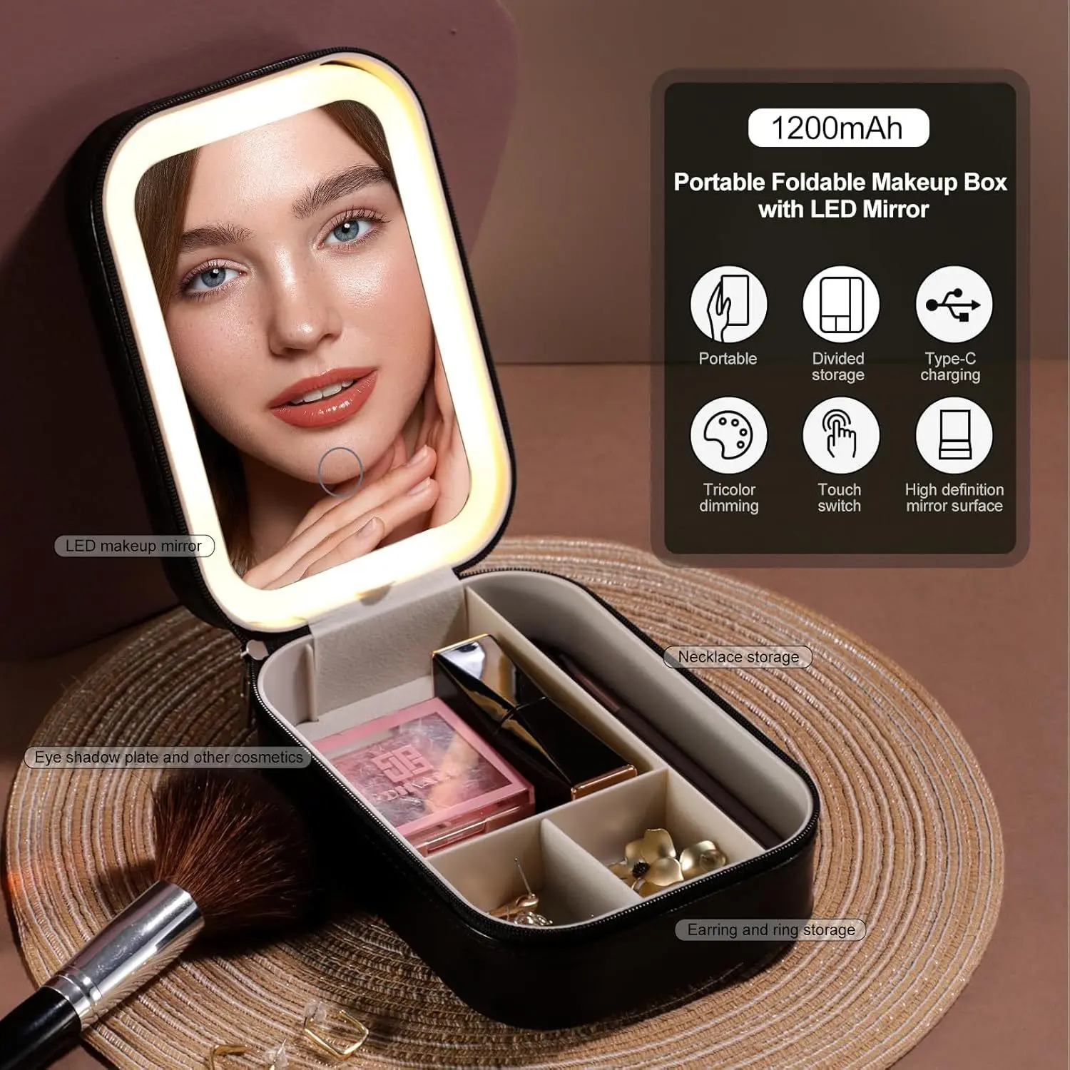 Portable Makeup Bag with LED Light, Makeup Storage Organizer, Three-Color Touch Dimmable Compact Travel Cosmetic Case, 1200mah Rechargeable Jewelry Storage Box, Travel Cosmetic Bags, Travel Beauty Bag, Makeup Pouch