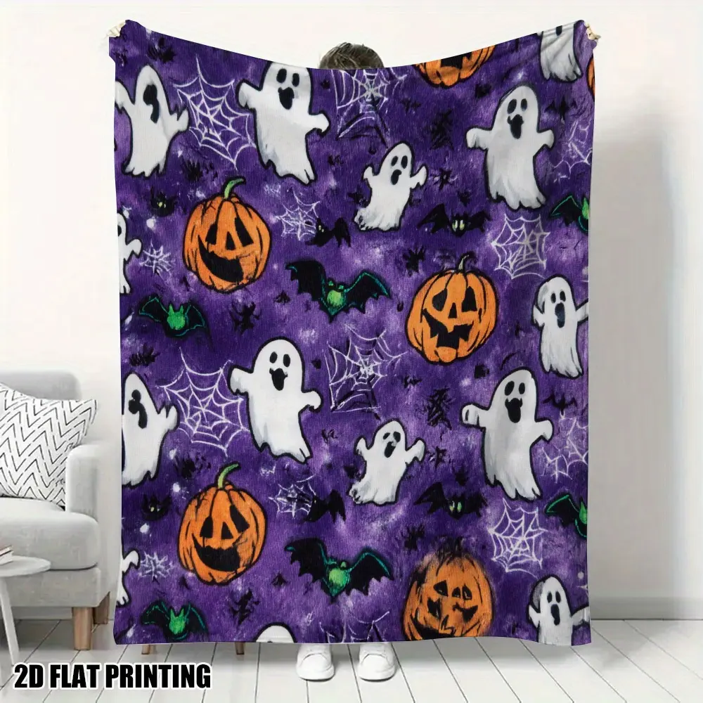 Cute Halloween Throw Blanket, Ghost Pumpkin Bat Pattern Blanket with Purple Spooky Design, Halloween Decor Blanket for Couch Sofa Bed, Cozy Fall Blanket Gift for Kids Adults, Cute Ghost Blanket for Halloween Party Home Decoration