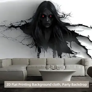 2D Flat, 1pc Black Hair Demon Polyester Party Banner - No Power Needed, Aesthetic Tapestry for Living Room & Bedroom Decor, Multi-Purpose Holiday Backdrop for Birthdays, Anniversaries, Weddings, and More, Versatile Room Decoration |       Spooky Atmospher