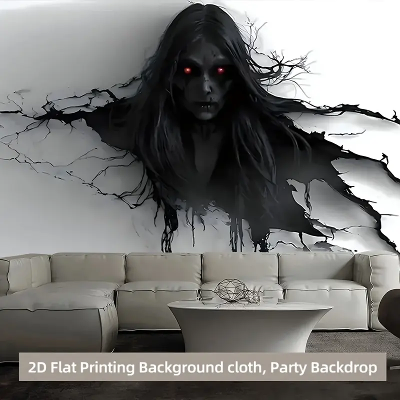 2D Flat, 1pc Black Hair Demon Polyester Party Banner - No Power Needed, Aesthetic Tapestry for Living Room & Bedroom Decor, Multi-Purpose Holiday Backdrop for Birthdays, Anniversaries, Weddings, and More, Versatile Room Decoration |       Spooky Atmospher