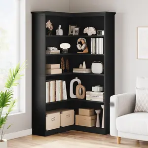 GARVEE Corner Bookshelf 72.8in Farmhouse Bookcase Large Bookshelf Wood Bookcase Tall 5 Tier Corner Shelf L Shaped Bookshelfs Storage Display Rack Living Room Bedroom (Black Full Panel)