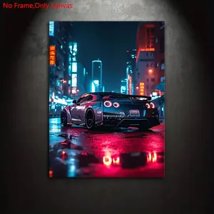 1 piece/set frameless canvas painting print poster, classic realistic art, Modern Art Design, neon city night scene GTR R35, gift for sports car culture enthusiasts, ideal gift for bedroom, living room, mural, wall decoration