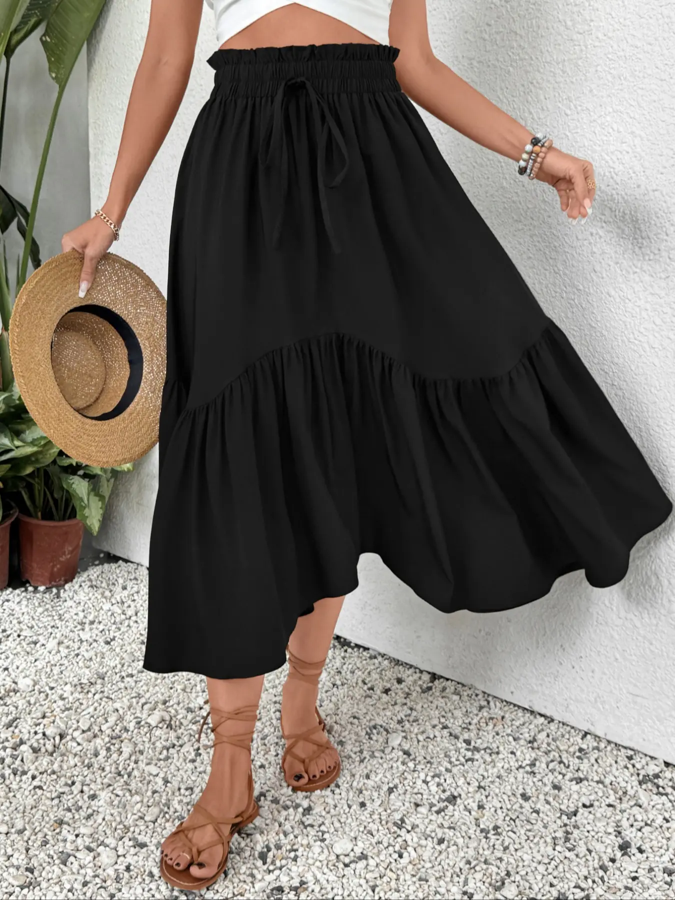 Women's Retro Casual Elastic Waist Irregular Hem Flared Woven Fabric Fit Womenswear Bottom Skirt