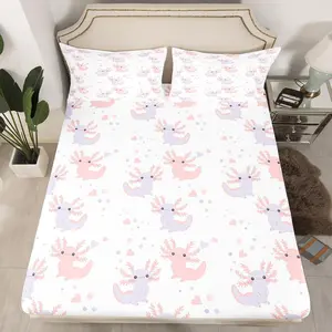 Axolotl Bedding Set,Cute Axolotl Bed Sheet Kawaii Pet Wildlife Animals Fitted Sheet for Kids Boys Girls Cartoon Pet Reptile Fitted Bed Sheets Bedroom Decor,Purple Pink White