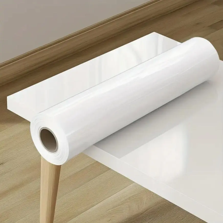 Self-adhesive Vinyl Wallpaper Roll, White Glossy Brick Stone & Wood Pattern Wallpaper, Waterproof Decorative Wallpaper for Kitchen Furniture & Cabinets
