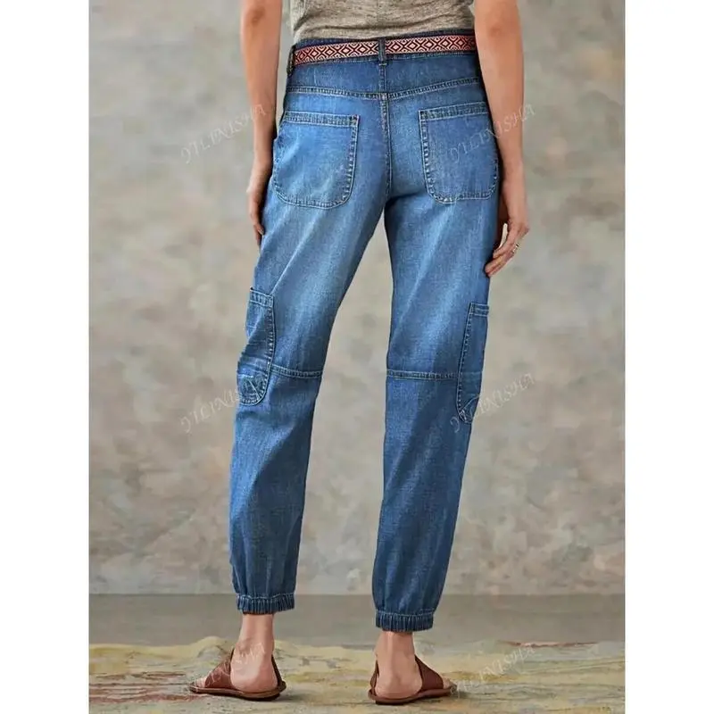 Women's Front Button Multi-Pocket Drawstring Waist Casual Jeans Fit Womenswear Bottom Jogger Women's Front Button Multi-Pocket Drawstring Waist Casual Jeans Fit Womenswear Bottom Jogger