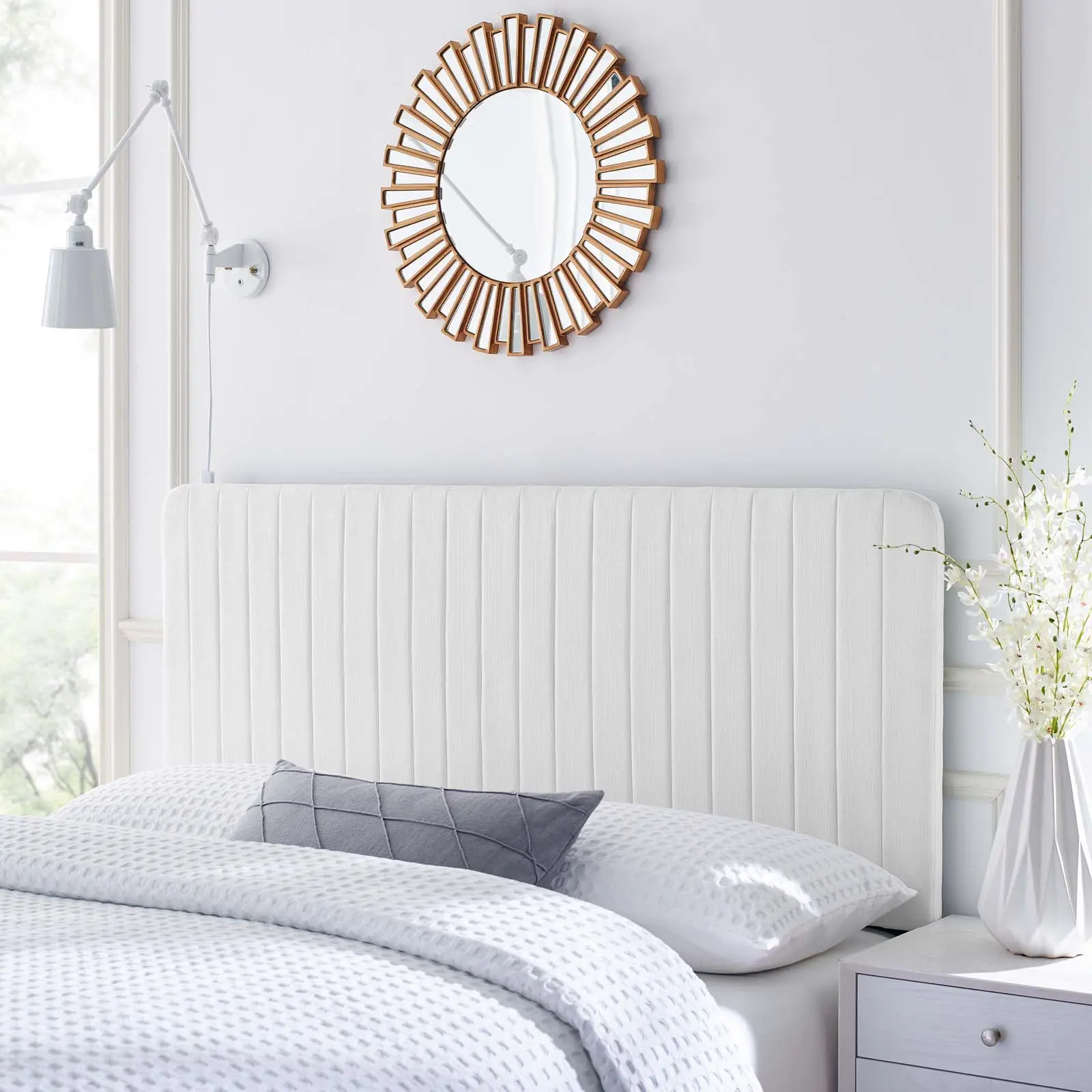Modway Milenna Luxury Modern Furniture, Channel-Tufted Upholstered Fabric Adjustable Full/Queen Headboard with Stylish Design, White