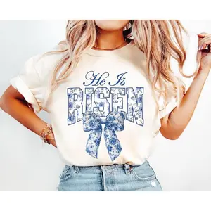 Coquette Toile Easter Shirt, Chinoiserie Risen Sweatshirt, Easter Bunny Gift, Blue Bow Happy Easter Womens Spring Risen Tee