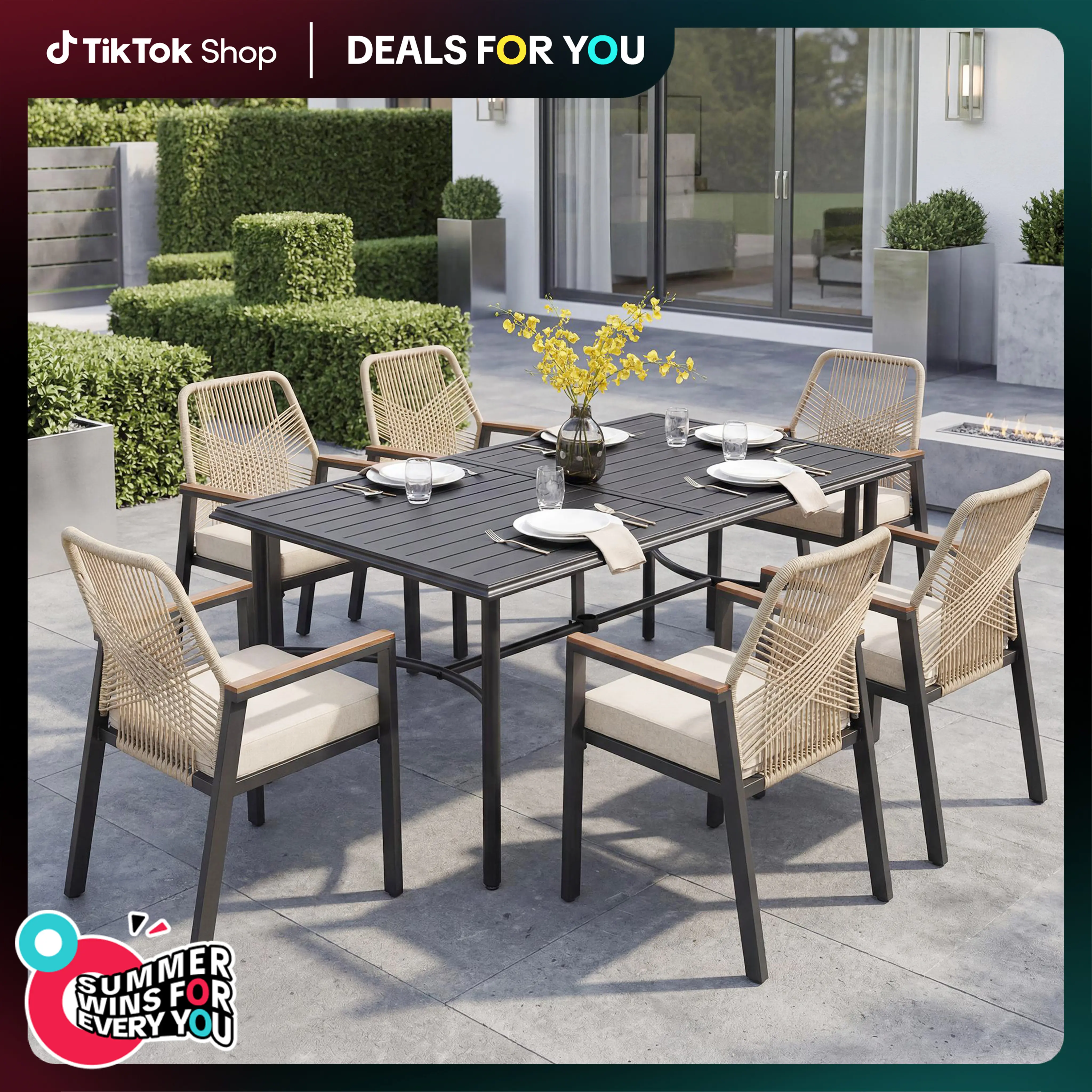 Phivilla Patio Dining Set, 64" Large Metal Table Steel Rectangular Outdoor Table, Wicker Chair, Weather-Resistant Table with 1.77" Umbrella Hole for Lawn Backyard Garden, Black