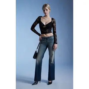 Third Charm Women's Andrea Lace Bead Center Long Sleeve Top