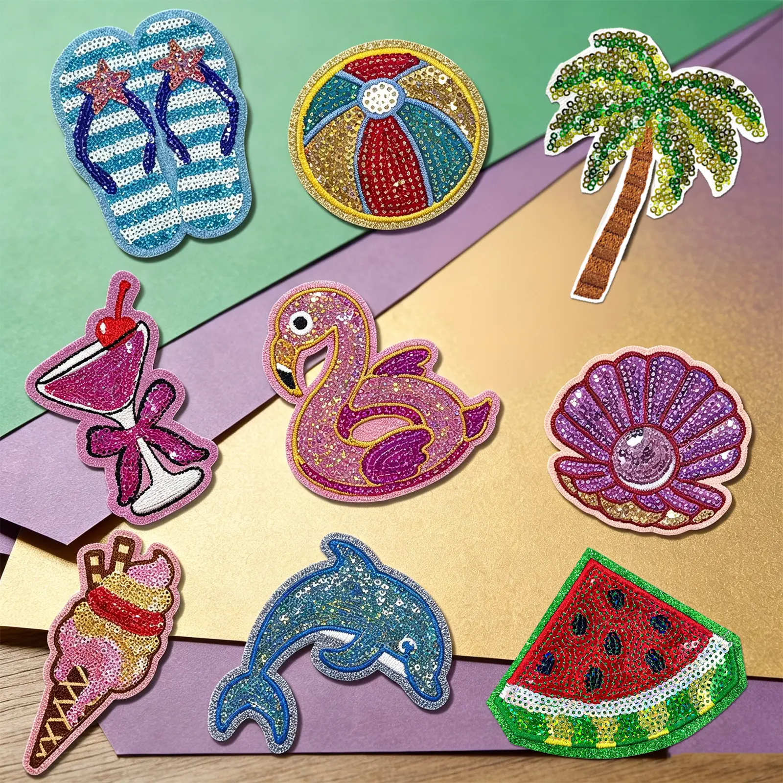 9Pcs Shiny Sequins Iron-On Embroidery Patches - Vintage-Inspired Art Deco Modern Sewing Accessory for Kids, Girls - Easy Application, Decorative Touch, Sew-On Option for Clothing DIY Repairs, Beach Theme Items