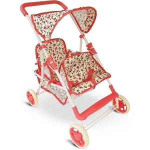 Double Doll Stroller for Twin Dolls & Toddlers - 25' Floral Tandem Play Toy Stroller