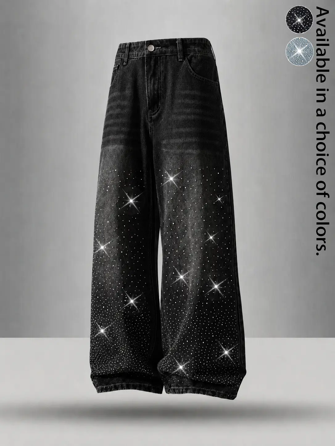 Rhinestone Vintage Washed Baggy Jeans Men Women Loose Wide Leg Denim Pants Y2K Streetwear Sparkle Studded Jeans Casual Hip Hop Distressed Denim Trousers Retro Skater Pants Club Party Fashion Jean Bottoms Trendy Relaxed Fit Daily Outfit For Teens New Style