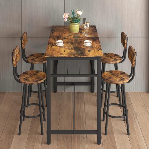 5 Pieces Dining Table Set for 4, Rectangle Pub Bistro Table with Storage Shelves, 4 Stools with Backrest, Counter Height Dining Table Set for Kitchen Breakfast Nook Restaurant (Brown)