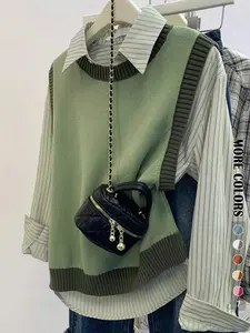 Spring Autumn Women's Casual Loose Fit Color Block Vest, Fashionable Sweet Sweater Tank Top for Versatile