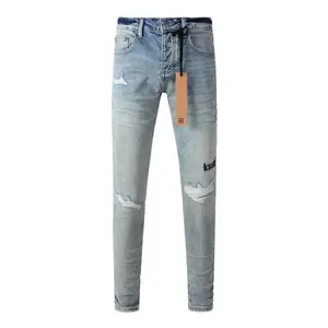 25SSNew KSUBI Cross Brand Jeans Men American High Street fashion wash Light Blue Hole Elastic Skinny Pleated Ripped Frayed Jeans