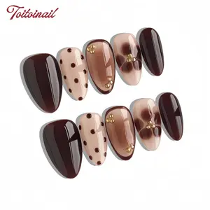 Mocha Dot Handmade Press-On Nails | Medium Almond Shape, 10pcs | Warm Mocha Brown Marble & Polka Dot Design | Dark Brown Color Block & Gold Bead Accents | Reusable DIY Nail Kit for Women | Trendy Nails, Nail Tips Art for Spring, Summer & Daily Wear