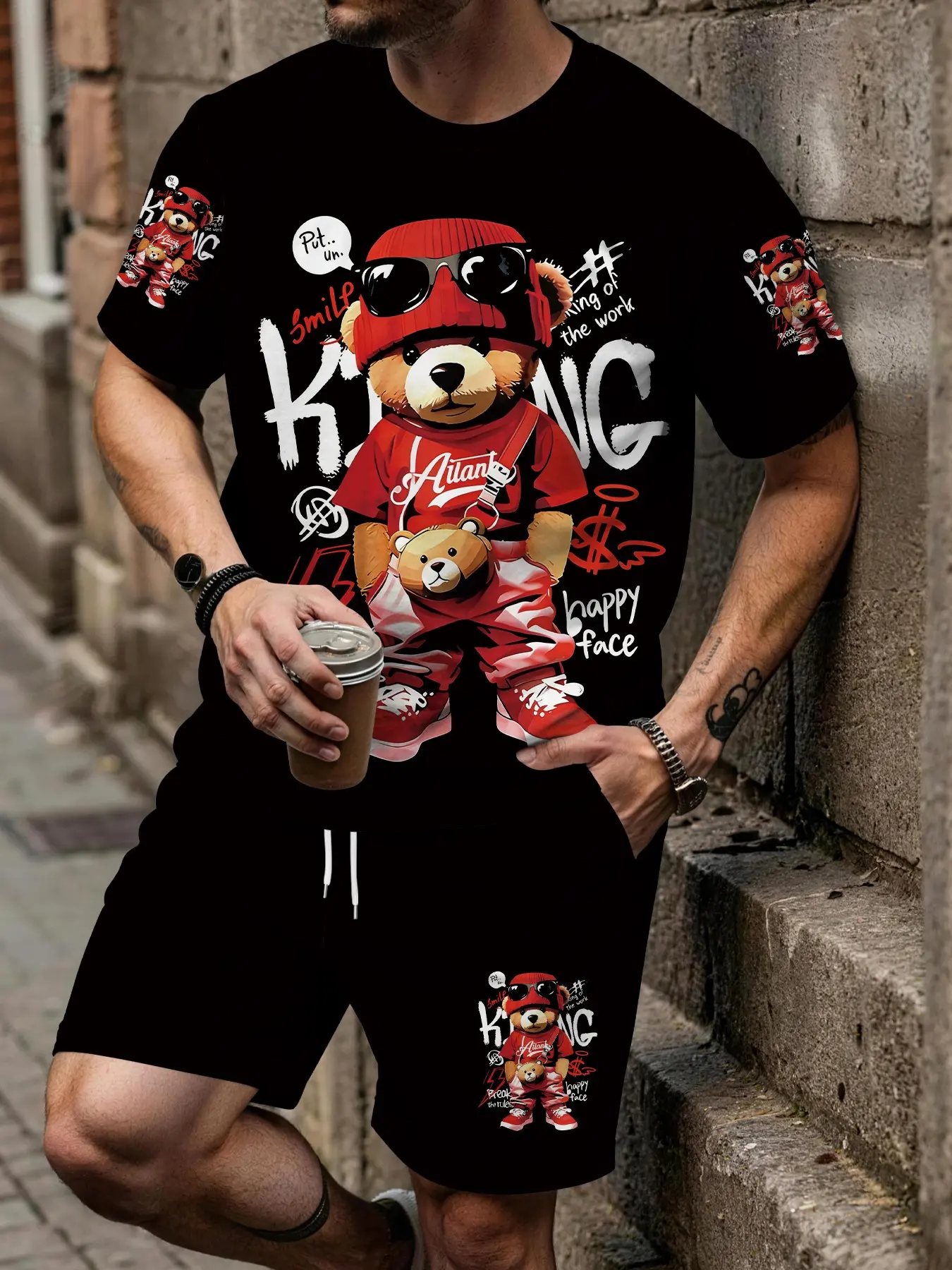 KING Trendy Cool Bear 3D Digital Print Two-Piece Set, 2Pcs, Stylish Fashion Set, menswear, Trendy Retro Casual Two-Piece Set, Vacation Style Trendy Outfit, Breathable Sports Casual Style, round neck, Perfect Holiday Gift for Men, Clothes, Outfit Sets