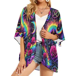 Trippy Halloween magic witchy cat rainbow Women's Kimono Chiffon swimsuit Cover Up (H51)