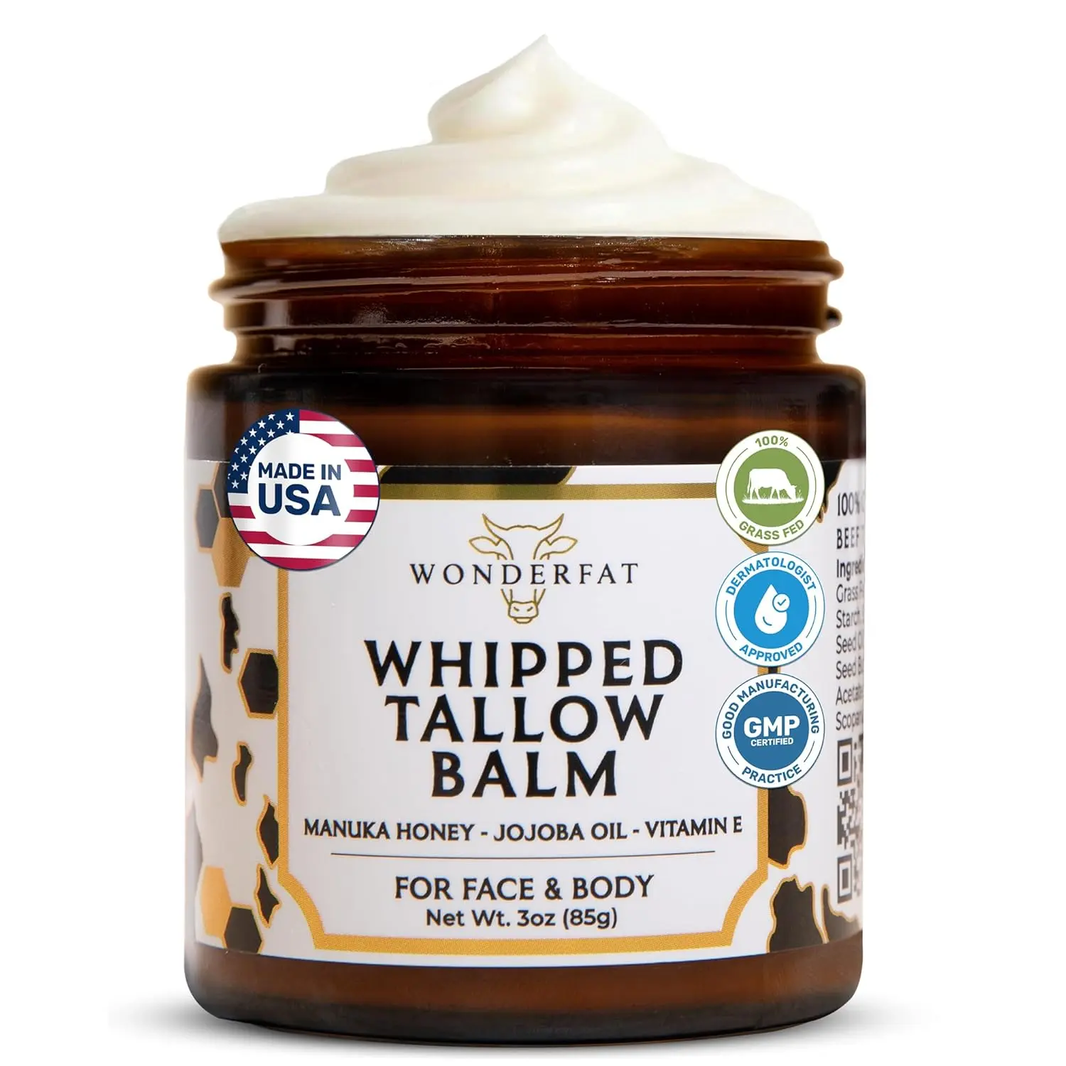 Grass-Fed Whipped Tallow Balm, Face and Body Moisturizer with Manuka Honey, Fragrance Free Tallow Moisturizer for Sensitive Skin, Beef tallow for skin, Lightweight Tallow Cream, 3 oz