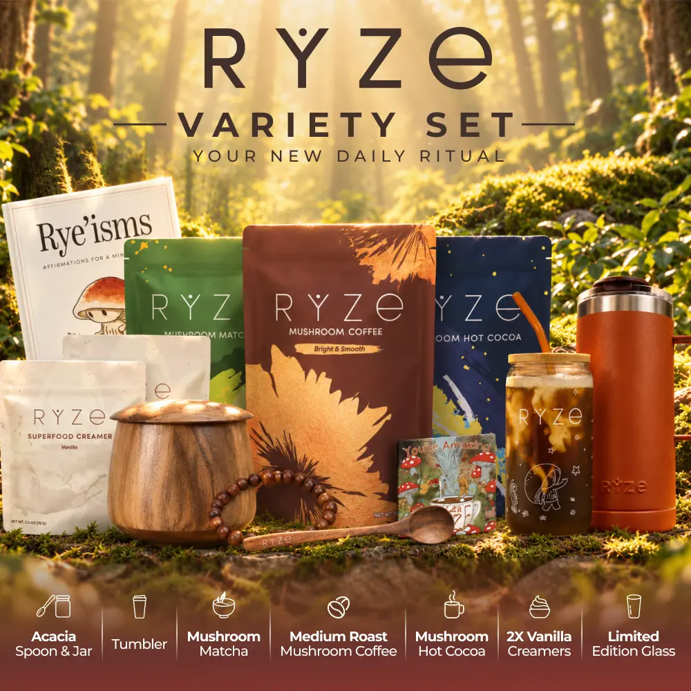RYZE The Variety Set | Mushroom Coffee, Matcha & Hot Cocoa Starter Kit with Creamer & Accessories