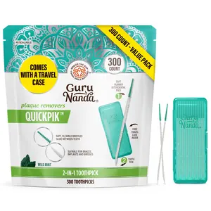 GuruNanda 2-in-1 QuickPik Toothpick with Interdental Pick- 300 Count - Plaque Removers - Travel Case Floss