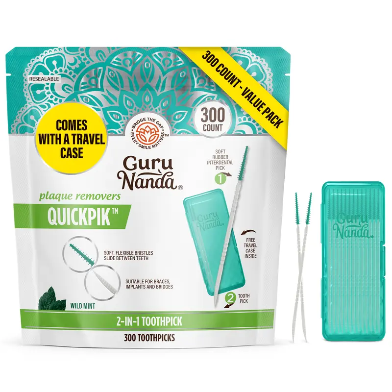 GuruNanda 2-in-1 QuickPik Toothpick with Interdental Pick- 300 Count - Plaque Removers - Travel Case Floss