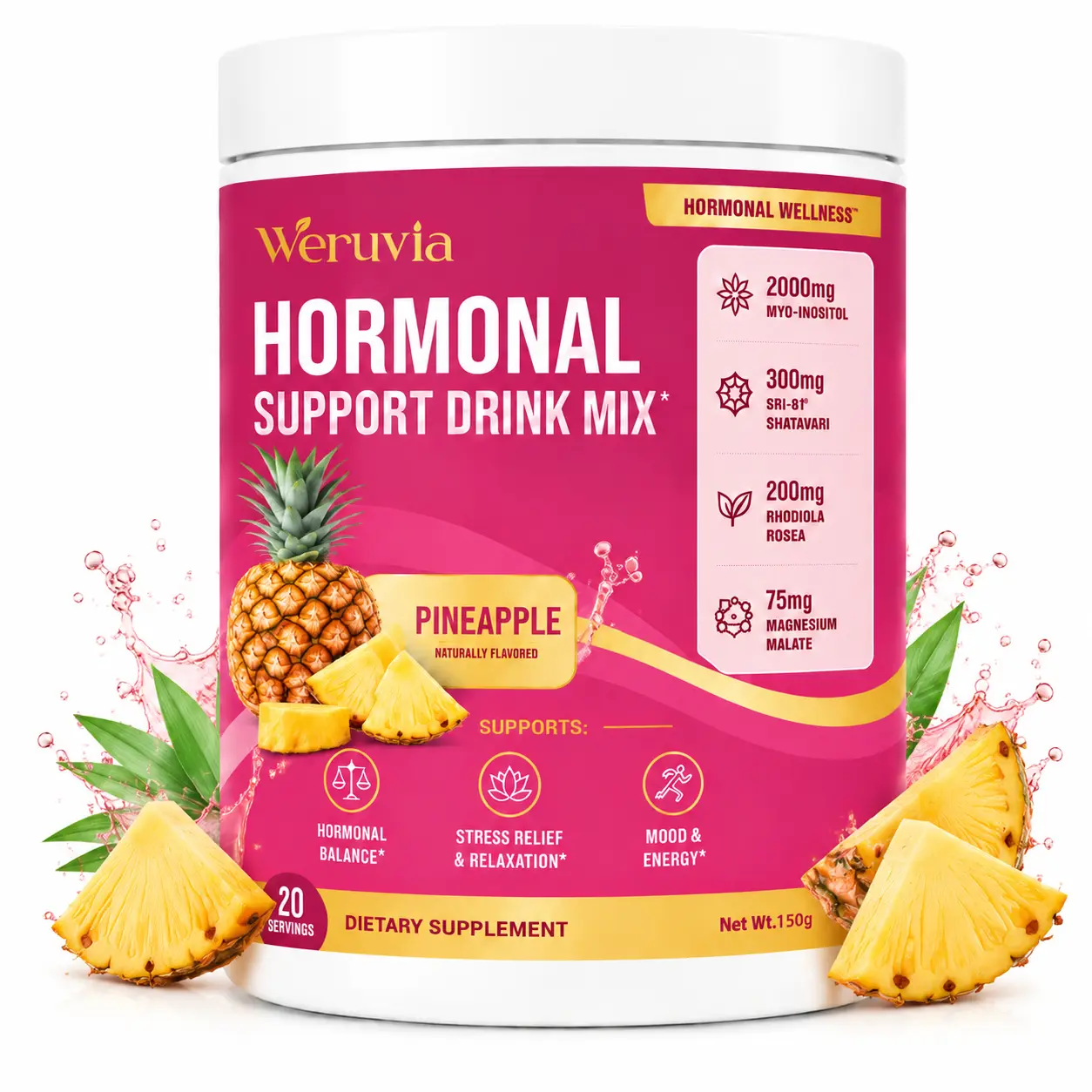 Hormonal Balance Powder Mix – Contains Shatavari (SRI-81 Asparagus Root Extract), Myo-Inositol, Rhodiola, Vitamin C, Magnesium, Theobromine, Vitamin B6, Supports Balance, Prop 65 Safe