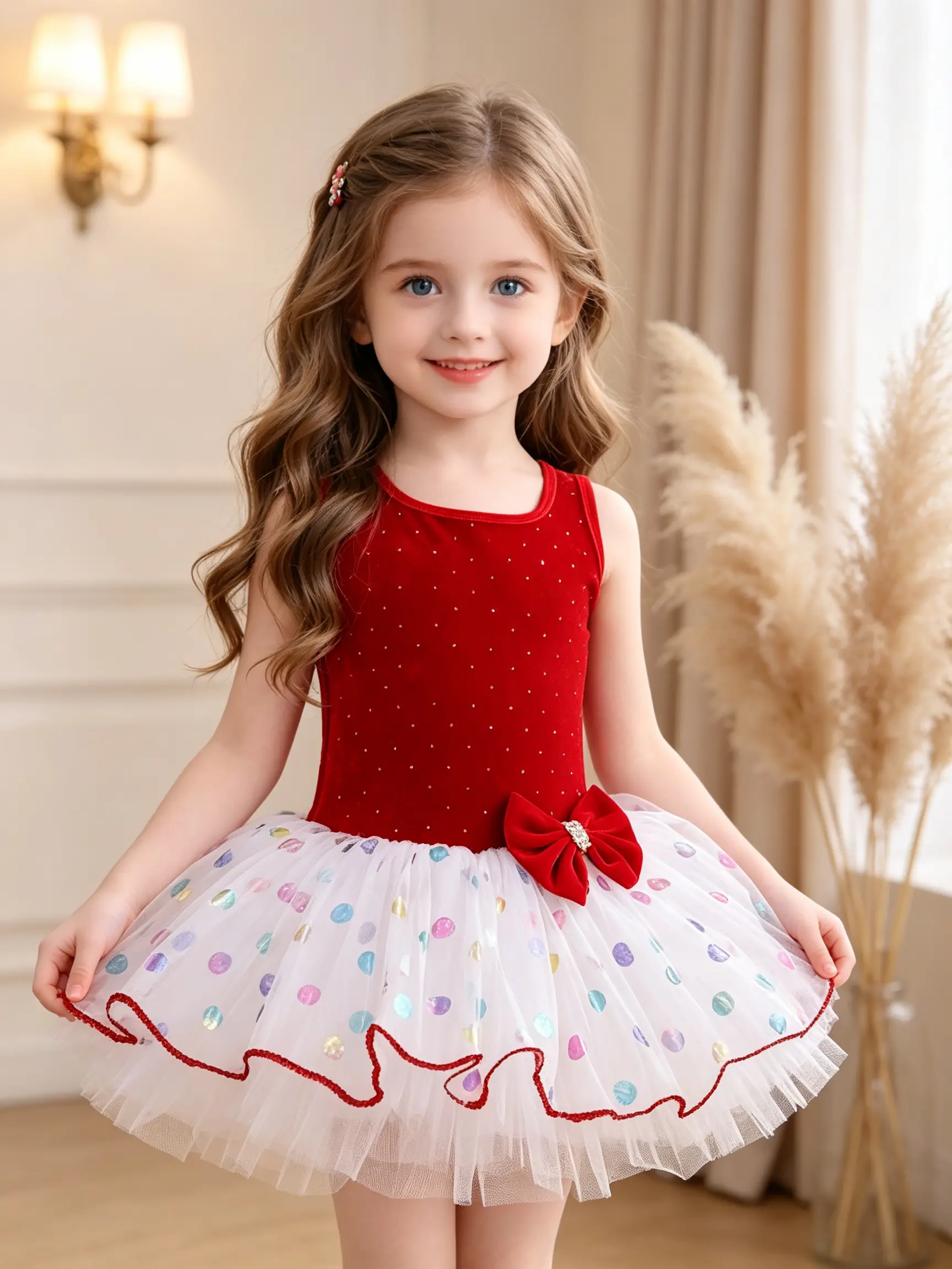 Little Girls' 3-Piece Sleeveless Sparkly Ballet Leotard Tutu Dress, Colorful Dot Mesh Skirt, Large Rhinestone Bow Decoration, Multiple Colors for Dance Recital Dress-Up
