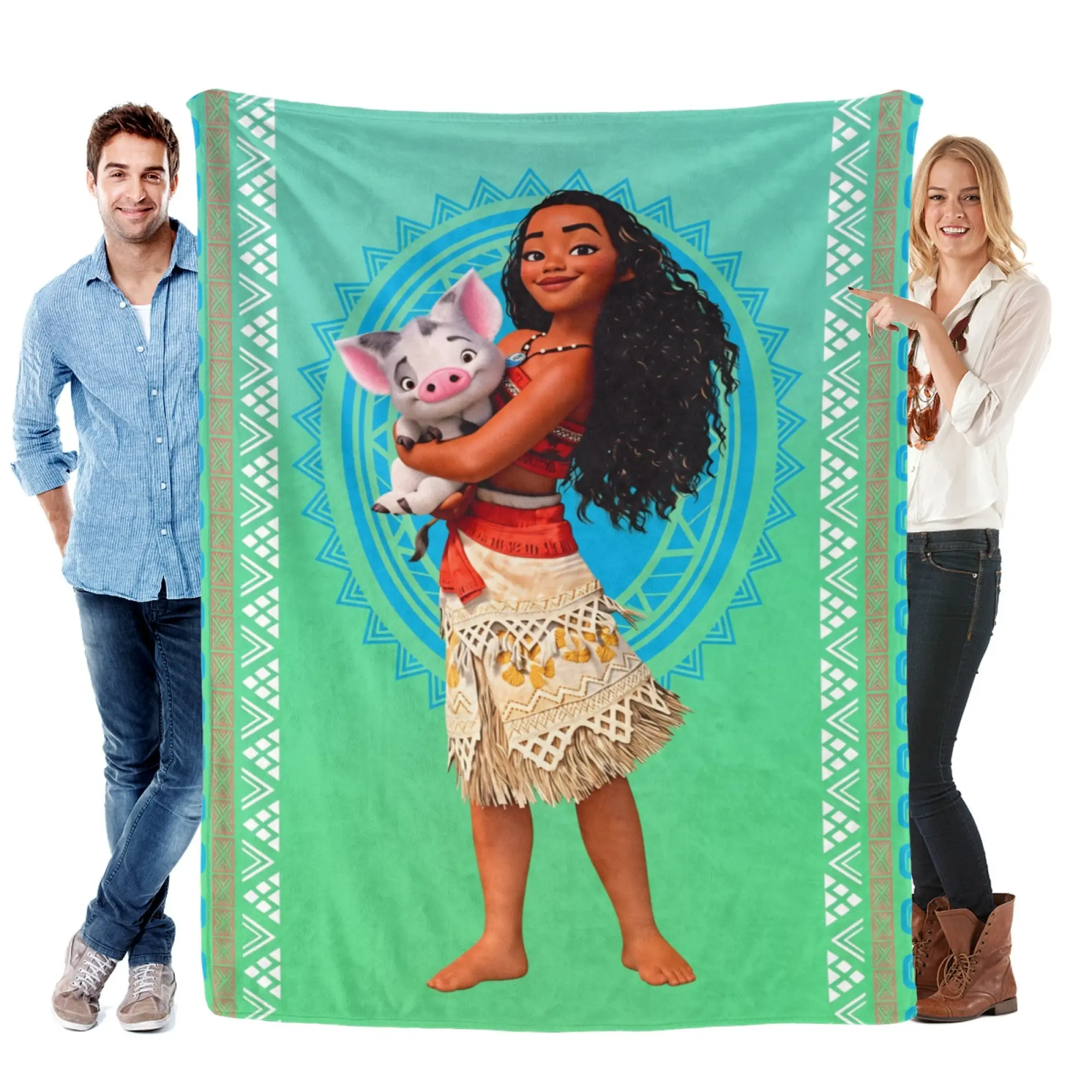 [SummerVibes] DISNEY CLASSIC Moana & Pua Soft Flannel Blanket, Vibrant Tropical Cartoon Print for Home, Camping & Holiday Gifts