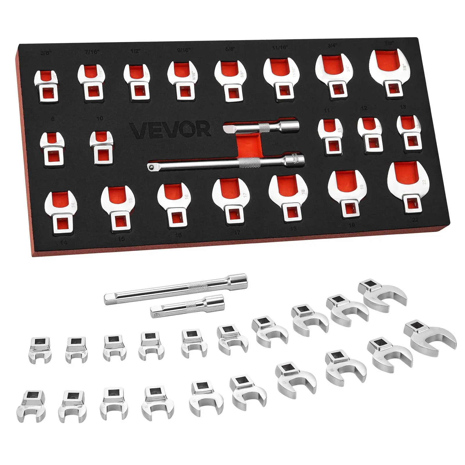 VEVOR 22-Piece Crowfoot Wrench Set, 3/8" Drive Chrome-Moly Alloy Steel, 38-45 HRC High-Torque, Metric+SAE Sizes, Dual Markings, Storage Tray, Auto Repair Tools for Home Users, Equipment Maintenance