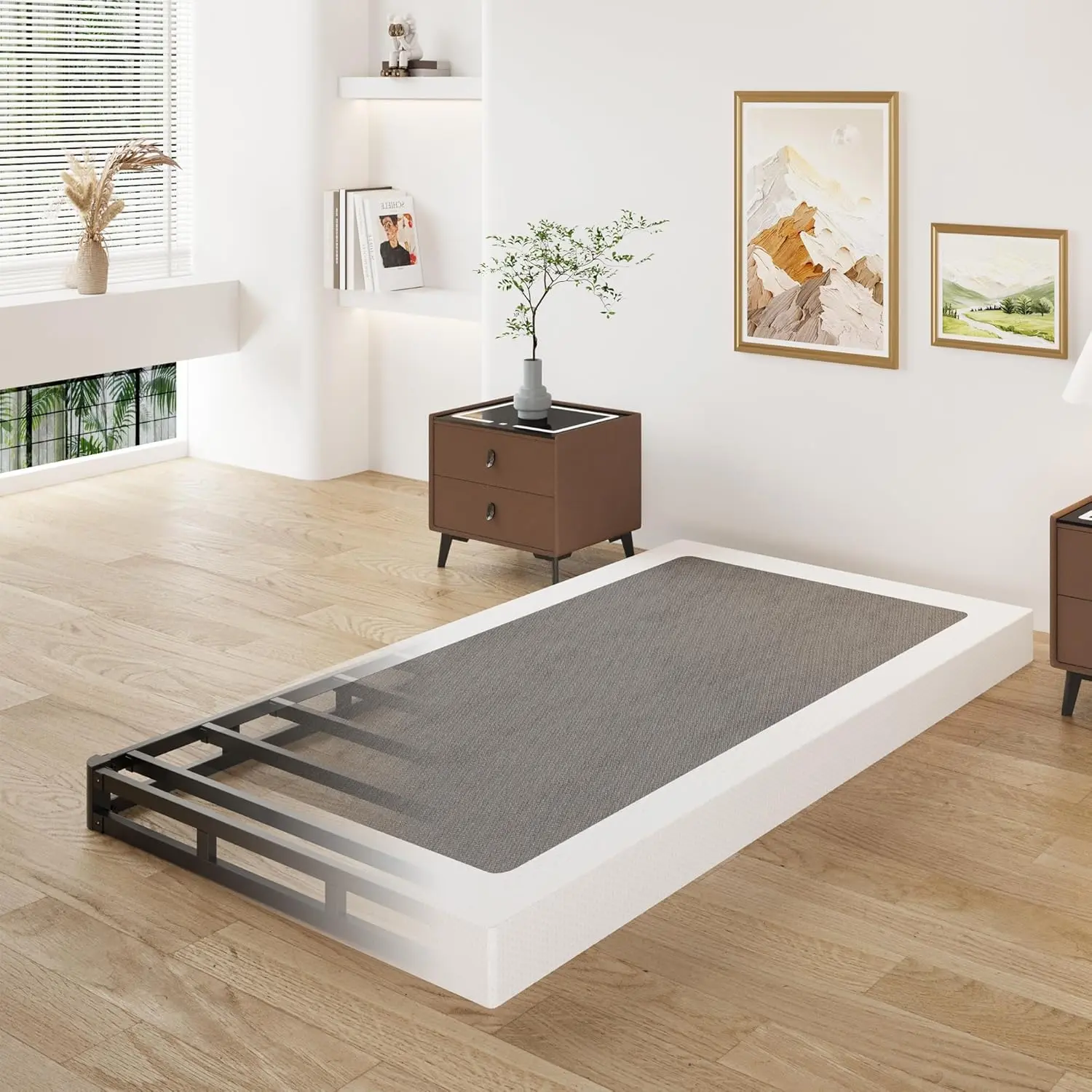 3 Inch  Box Spring Low Profile, Heavy Duty Metal Box Spring  Bed Base with Fabric Cover, Mattress Foundation, Noise Free, Easy Assembly