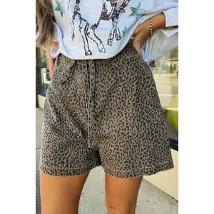 Black Leopard Print Loose Denim Shorts