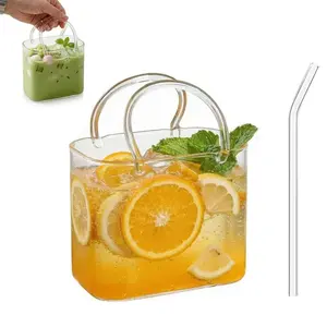 Glass Handbag Shape Drink Cup, 26oz Creative Handbag Shape Water Bottle, Straw Included, Unique Aquarium Vase, Perfect Gift for Special Occasions