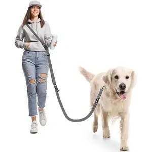 Hands Free Dog Leash, Multifunctional Crossbody Heavy Duty Dog Leash, 9.5 ft Long Waist Belt with Car Safety Buckle for Medium and Large Dogs Walking,Jogging,Running,Training (Grey 5.9-9.5ft).