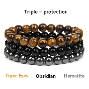 Triple Protection Bracelet:Tiger Eye, Black Obsidian, & Hematite 8mm Round Protection Crystals (Gemstone Stretch Bracelet)