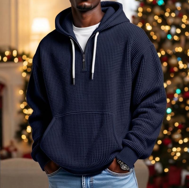 Men's Jacquard Hoodie Sweatshirt with Waffle Texture, Half Zip Long Sleeve Pullover Hooded Top, Loose Casual Streetwear Style for Daily Outdoor and Weekend Wear