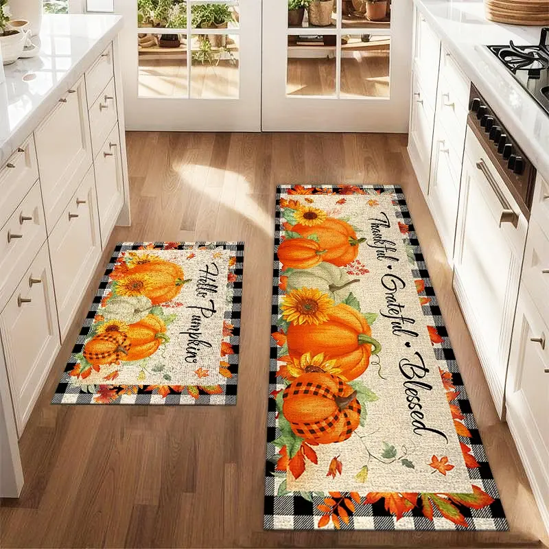 2Pcs Thanksgiving Autumn Pumpkin Maple Leaves Floor Mat Set Decorative Mats Farmhouse Kitchen Area Rug Dining Room Flooring Laundry Room Decor Carpet Mat