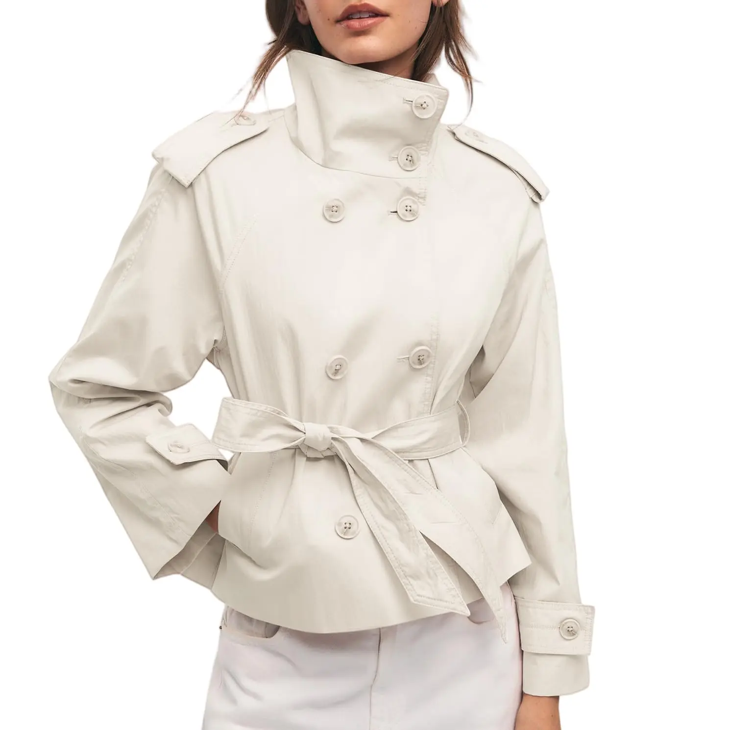 Songling Lady's Long Sleeve Short Trench Coat - Stylish Double-Breasted Fitted Outerwear, Comfortable Belted Tops for Spring/Fall Workplace Use, Style, Basic, Elegant, Plain, Belted Fit, Double Breast, Functional Details, Included, Workwear