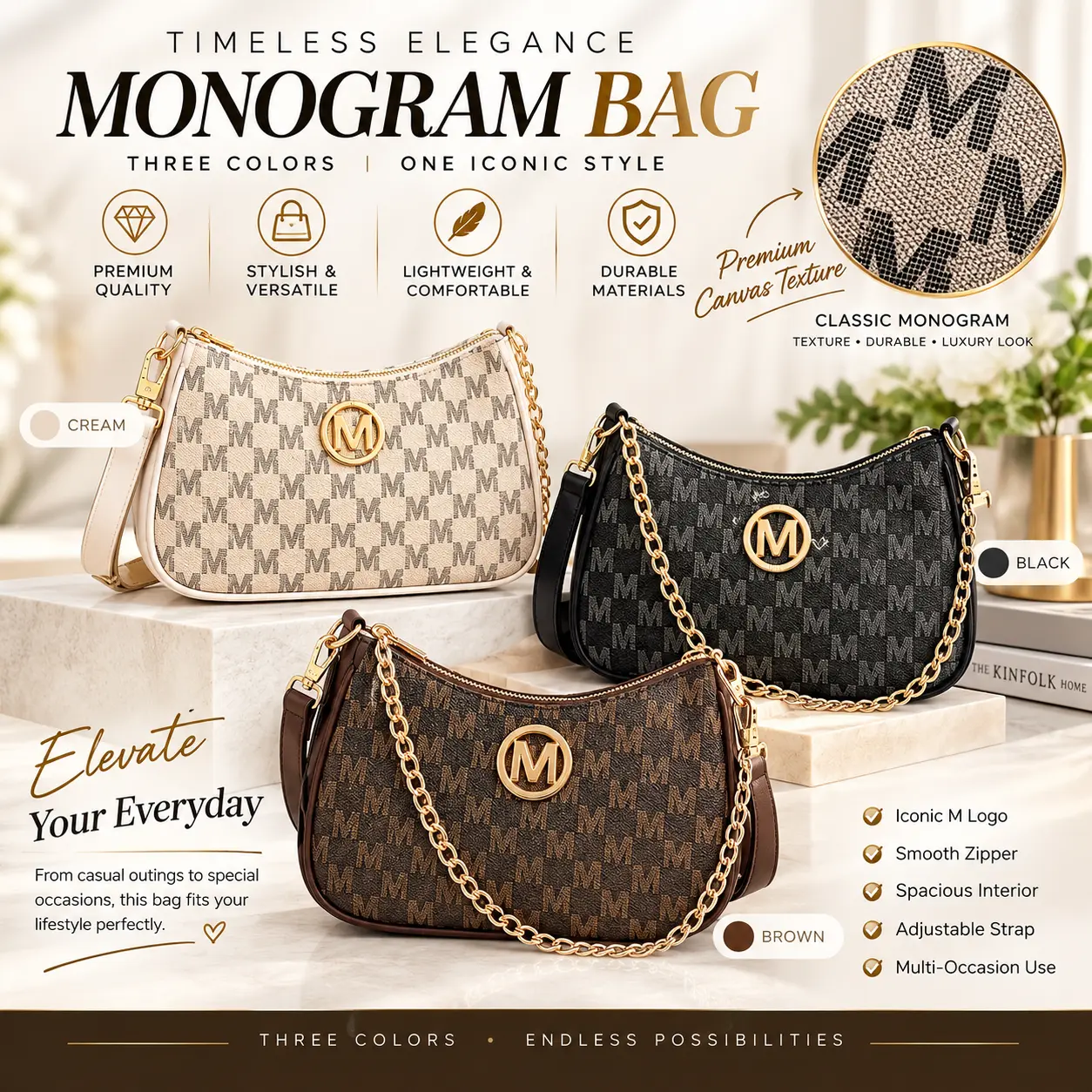 Women's Monogram Print Canvas Shoulder Bag - Classic Curved Zip Purse with Gold-Tone Emblem